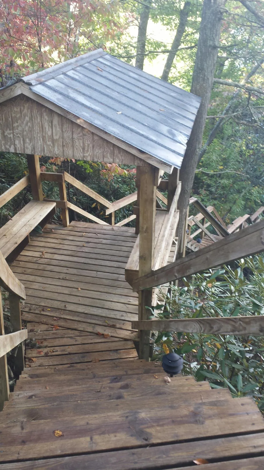 Metal roofed shelter over wooden steps on a wooded walkway — Skylight Repair & Installation work by our crew in Lissie